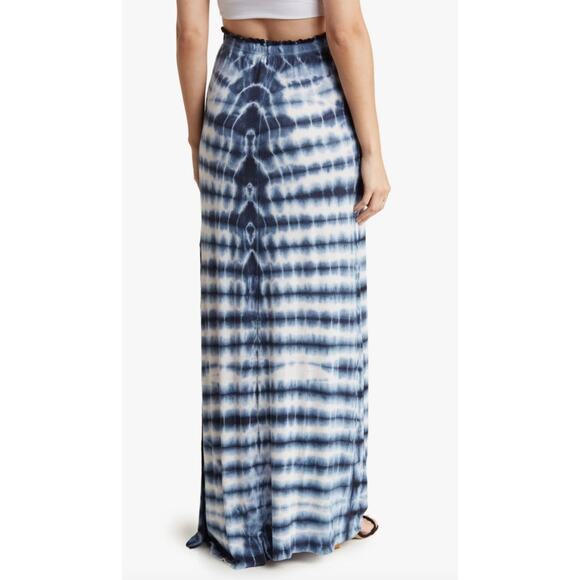 GO COUTURE Tie Dye Slit Long Maxi Skirt Medium Blue White Ruffled Waist Hippie - Picture 2 of 12
